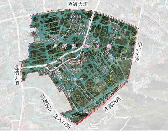 (温州三垟湿地区域图)修编范围北至瓯海大道,西至温瑞大道,东至
