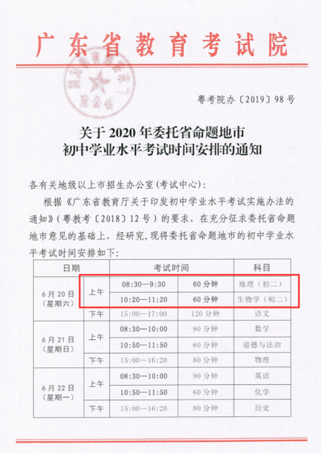 2020年广东省初二学业水平考试时间安排