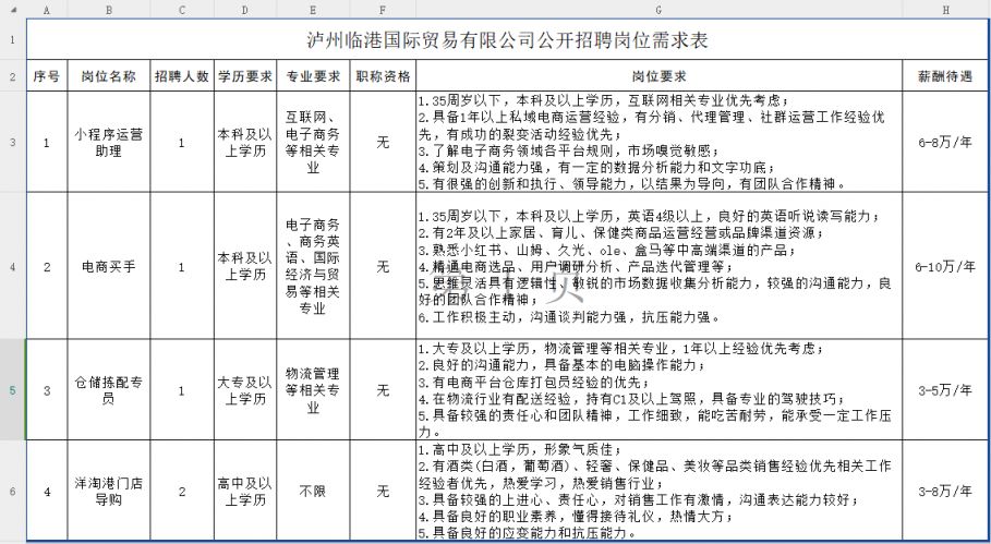 2024泸州临港国际贸易有限公司招聘岗位表