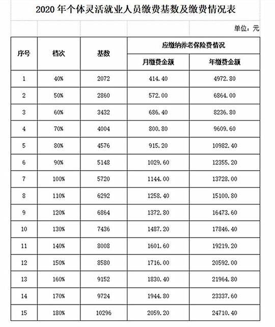2020年个体灵活就业人员缴费基数及缴费情况表