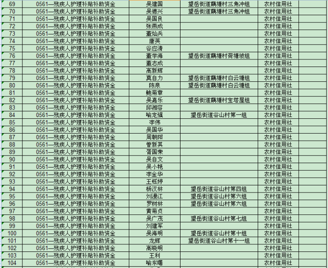 望岳街道残疾人护理补贴统计表