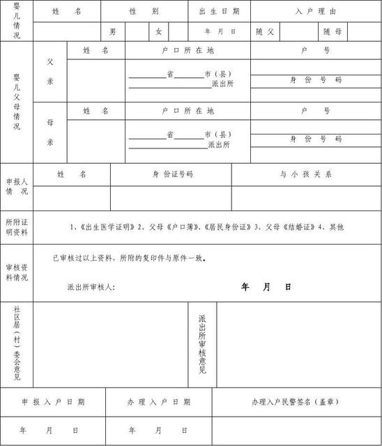 出生入户登记表